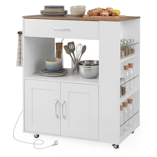 Image of TANGZON Kitchen Storage Trolley on Wheels, Kitchen Island with Large Cabinet, Drawer, Open Shelf, 3 Spice Racks & Towel Rack, Wooden Countertop Utility Serving Cart (with Power Outlets, White+Natural)