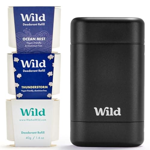 Image of Wild - Mens Natural Refillable Deodorant Starter Kit - Black Case with Fresh Cotton & Sea Salt, Ocean Mist & Thunderstorm Scents - Long Lasting Protection - Aluminium Free - Vegan & Eco-Friendly