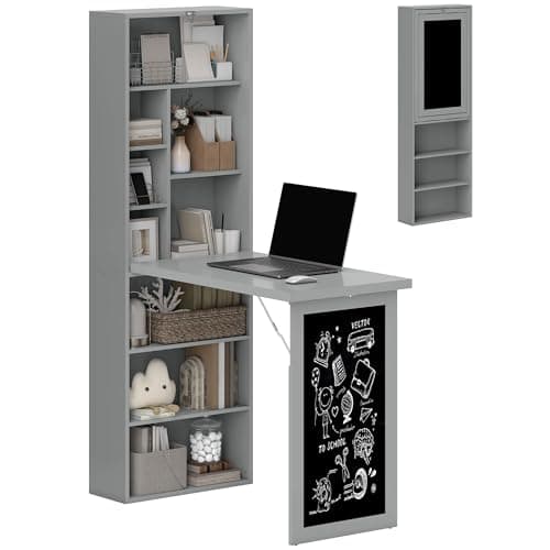 Image of HOMCOM Wall Mounted Computer Desk, Space Saving Folding Study Table with Black Board, Bookshelf, Floating Writing Desk with Adjustable Shelf, 9 Open Compartments for Small Space, Grey