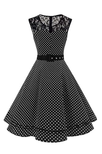 Image of AXOE Women's 1950s Vintage A-Line Dress Fit and Flare Swing with Removable Belt for Wedding Guest & Cocktail Party UK Black and White Polka Dot, Size 14, L
