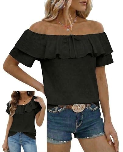 Image of Zilaro Off The Shoulder Tops for Women, Bardot Blouse, Casual Ruffle Short Sleeve Chiffon Top, Summer Holiday Beachwear (UK, Alpha, S, Regular, Regular, Black)