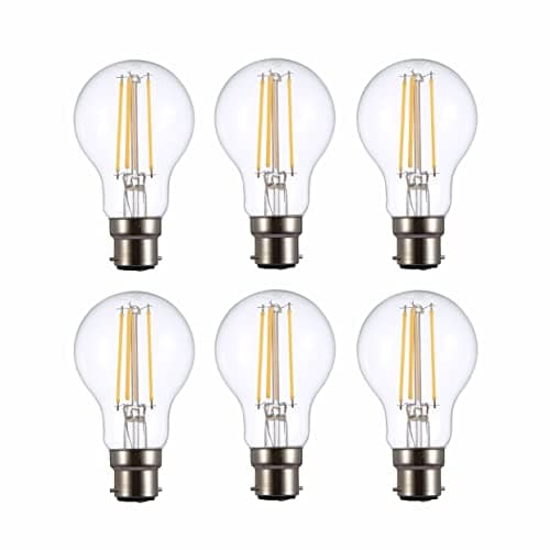 Image of TEKLED® A60 Filament Vintage LED Bulbs | B22 Bayonet Cap | Energy Saving 6.5W Light Bulb 60W Equivalent | NONDIMMABLE Clear 2700K 806LM | 6-Pack | Warm White