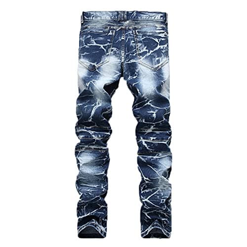 Image of Men's Fashion Biker Jeans with Zipper Pockets Slim Fit Stretch Straight Leg Ripped Skinny Washed Distressed Comfort Denim Pants Bermuda Jeans