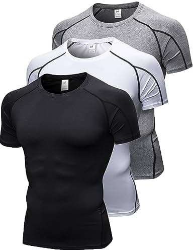 Image of Queerier 3 Pack Men's Compression Shirts Short Sleeve Workout T-Shirt Cool Dry Undershirts Baselayer Sport Cool Shirt Running Tops, Black+White+Gray, Large