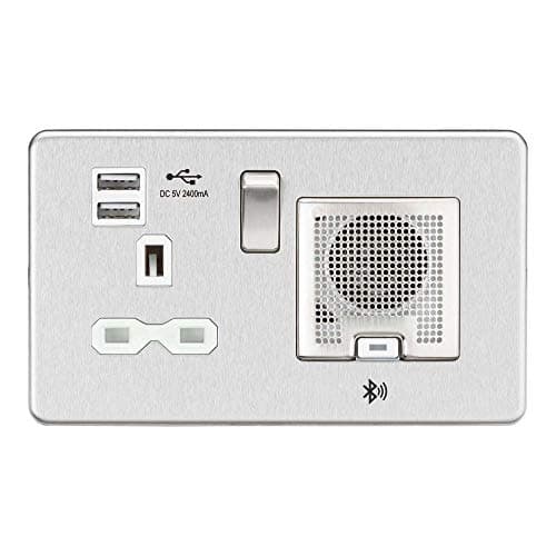 Image of Knightsbridge SFR9905BCW Screwless Socket with 2.4 A USB Chargers and Bluetooth Speaker, Brushed Chrome with white Insert, 13 A