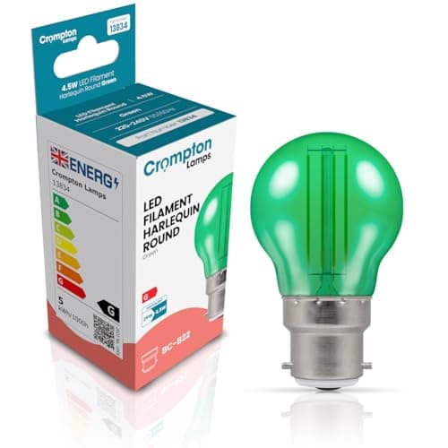 Image of Crompton Lamps Green LED Golfball Light Bulb 4.5W B22 Harlequin | IP65 Outdoor Lights LED Bulbs | Energy-Saving Replacement for 25W Bulbs | 15,000 Hours Life | for Festoon Lights Outdoor