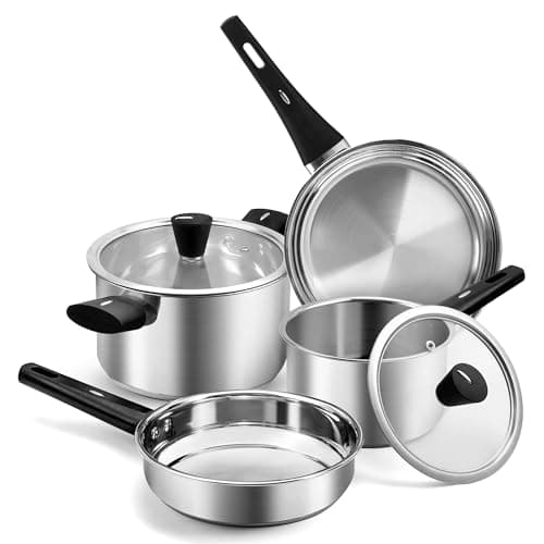 Image of Stainless Steel Pots and Pans Set, 6-Piece Hob Pots Set & Frying Pans w/Lids Induction Kithchen Cookware Set for Healthy Cooking, Bakelite Handle, Uncoated & Easy to Clean, Suitable for All Stovetops