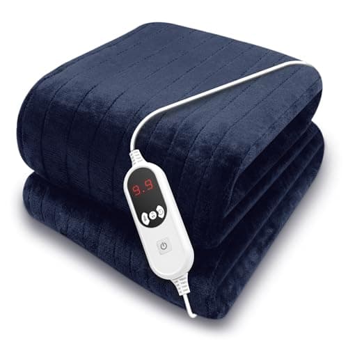 Image of Purus Navy Heated Throw Electric Blanket, 160 x 120cm Heated Blanket Machine Washable Soft Micro Fleece Electric Throw Overblanket with 12HR Timer and 9x Control Heat Settings