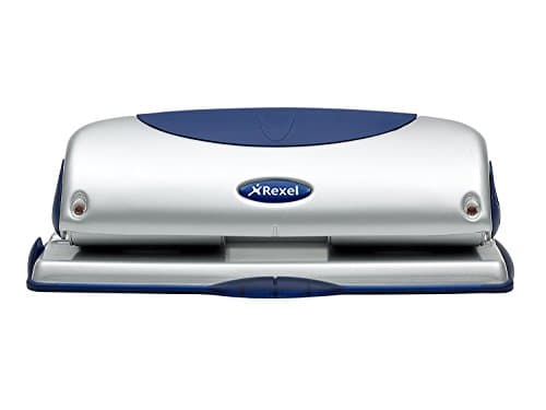 Image of Rexel Precision 425 4 Hole Punch, 25 Sheet Capacity, Paper Alignment Indicator, Metal, Silver/Blue, 2100754