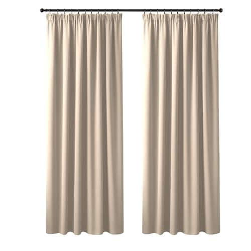 Image of Yorkshire Bedding Pencil Pleat Blackout Curtains for Bedroom 66x72 Noise Reducing Tape Top Thermal Insulated Cream Curtains Super Soft Window Treatment 2 Panels + 2 Tie Backs
