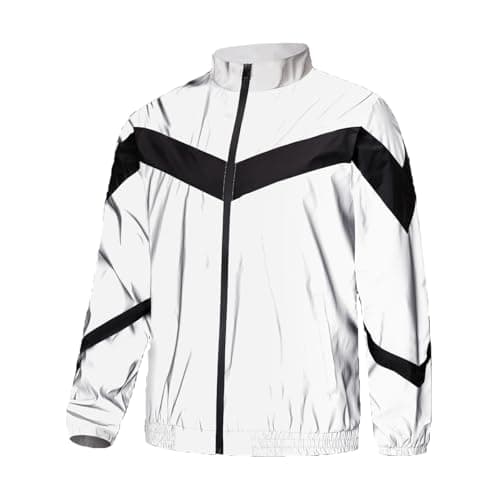 Image of Brother Wang Men Reflective Running Jacket, Lightweight Windbreaker With Black Splicing Design, Full Zip Track Jacket, Gray, Grey, XXL