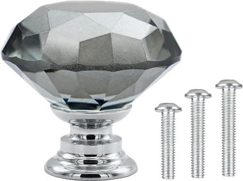 Image of Vandicka 4 Pack 30mm Crystal Glass Cabinet Door Knobs Wardrobe Cupboard Dresser Drawer Pull Handles (Grey Diamond + Chrome Base) with Screws in 3 Sizes