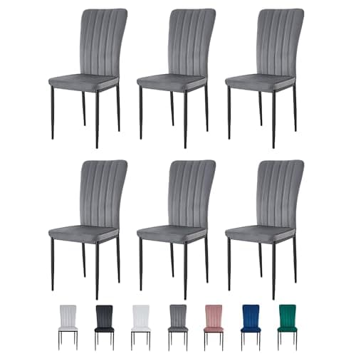 Image of mcc direct Set of 6 Dining Chairs, Velvet High Back Kitchen Chairs with Upholstered Soft Seat and Metal Legs for Home, Office, Dining and Reception - Elle (Dark Grey)