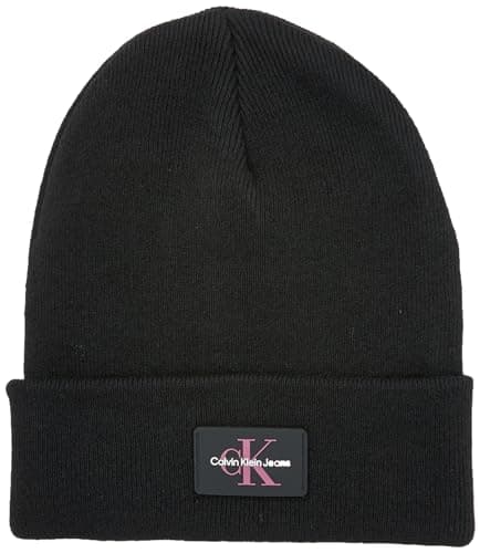 Image of Calvin Klein Women's MONOLOGO Rubber Beanie Hats, Black, One Size