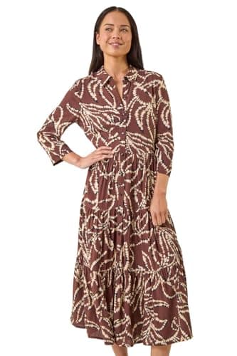 Image of Roman Originals Shirt Dress for Women UK- Ladies Long Sleeve Belted Collared Midi Maxi Winter Autumn Smart Casual Button Through Evening Office A Line Swing Skater - Petite Tiered Chocolate - Size 10