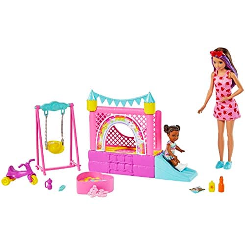 Image of Barbie Skipper Babysitters Inc. Bounce House Playset with Skipper Babysitter Doll, Toddler Doll, Swing & Accessories, Toy for 3 Year Olds & Up, HHB67