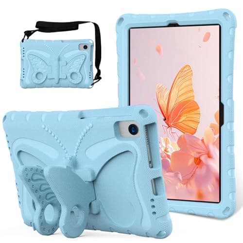 Image of EabHulie Kid-Friendly Case for Huawei MatePad 10.4 2022/2020/MatePad SE 10.4" 2022/2023, Lightweight EVA Shockproof Protective Cover with Butterfly Kickstand & Shoulder Strap Light blue