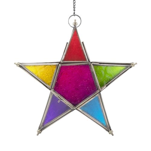 Image of ETHNICITI Star Multicolour 24cm Small Decorative Hanging Handmade Moroccan Vintage Turkish Tonal Glass Lantern Tealight Candle Holder Window Patio Balcony Home Garden Living Room Christmas Diwali Gift