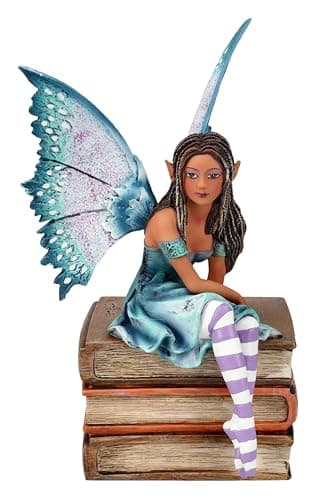 Image of Pacific Giftware 7" Tall Aqua and Purple Winged Book Fairy on Books – Enchanting Figurine for Home, Bookshelf, Garden and Terrariums by Amy Brown