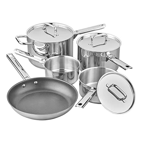 Image of Tala Performance 5 Piece Stainless Steel Cookware Set, Saucepans with Stainless Steel lids, 16, 18cm deep and 20cm deep with Helper Handle, Milk pan, Non-Stick Fry Pan, Polished Mirror Shine Finish