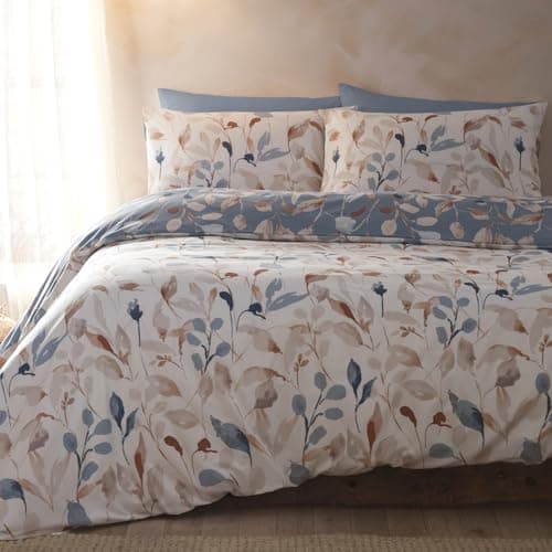Image of Drift Home - Eco-Friendly Floral Leaf Duvet Cover - King Bedding Size (230 x 220cm) - Reversible Designs - Sustainable Recycled Cotton (BCI) - 2 Pillowcases - Blue/Natural Bedding with Leaf