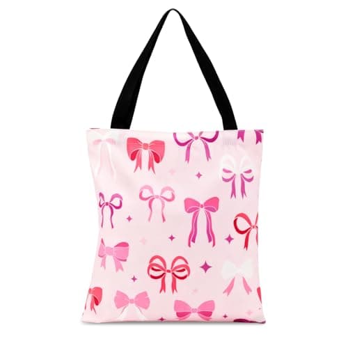 Image of Cunegra Pink Bow Canvas Tote Bag, Canvas Tote Bags for Women, Reusable Shoulder Bag, Preppy Grocery Shopping HandBags for Shopping Work Vacation Gym