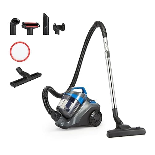 Image of Amazon Basics Cylinder Vacuum Cleaner Bagless 1.7L Compact Lightweight with Triple-Action Nozzle, HEPA Filter, 850W, for Carpet and Hard Floor, Black & Blue