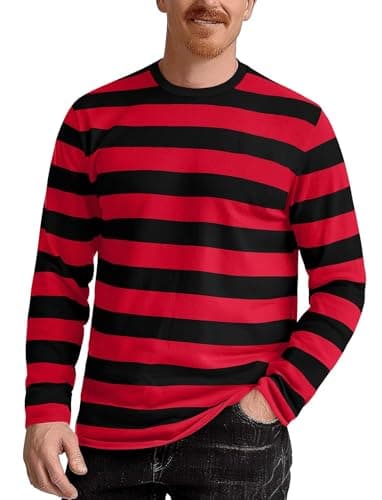 Image of Zengjo Mens Red and Black Striped Long Sleeve T-Shirt(XXL)
