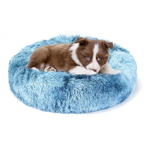 Image of Belababy Donut Calming Dog Cat Bed, Fluffy Washable Plush for Small Medium Large Pets, Anti-Anxiety Round Puppy Bed With Anti-Slip Bottom (XS, Gradient Blue)