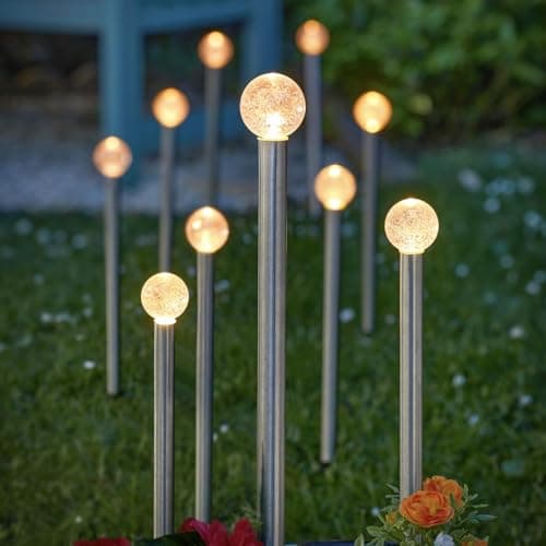 Image of Festive Lights - Pack of 10 Solar Power GlowBall Stainless Steel Stake Lights (2.7m Lit Length) with External Panel - 33.5cm Height, Warm White LEDs, Outdoor Garden Feature for Pathways & Borders