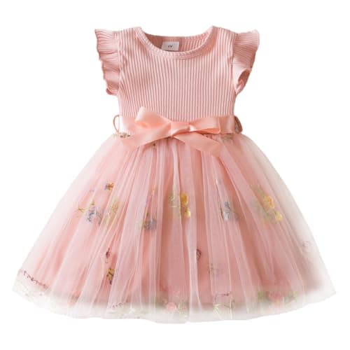 Image of QUNERY Toddler Girl Tulle Dress Ruffle Sleeveless Floral Embroidery Starry Sky Gradient Dresses Baby Girl Clothes Pink floral 2 years