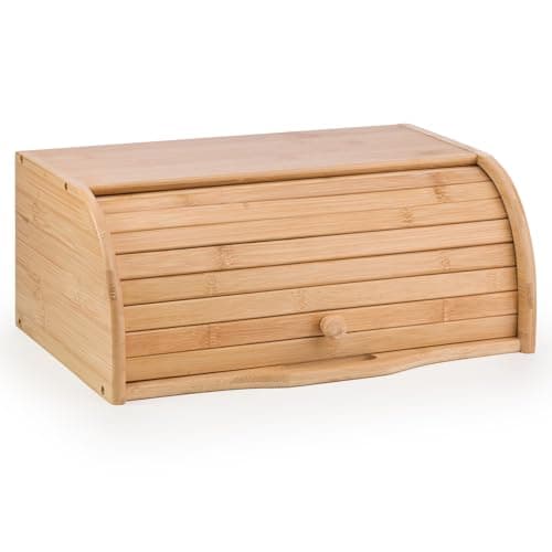 Image of Woodluv Bread Bin Countertop Bread Storage for Kitchen With Roll Top Lid, 40 x 27 x 16.5 cm (No Assembly Required)