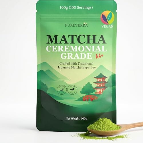 Image of PureVerra Matcha Powder, Ceremonial Grade 100% Pure 100g (100 Servings), AA+ Premium Matcha Tea Powder, Perfect for Lattes & Smoothies, Vegan