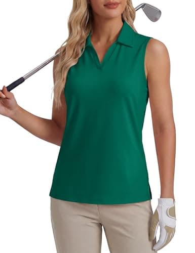 Image of MAGCOMSEN Women's Polo Shirts Golf V Neck UPF 50+ Casual Sleeveless Shirt Summer Breathable Sports Vest Tennis Gym Fit Tank Top Emerald Green,M