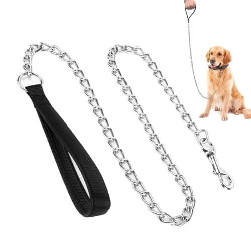 Image of Chain Dog Leash with PU Leather Handle, 1.2M/4FT Chew Proof Metal Dog Leash for Small Medium Large Dogs(COLOR:black)