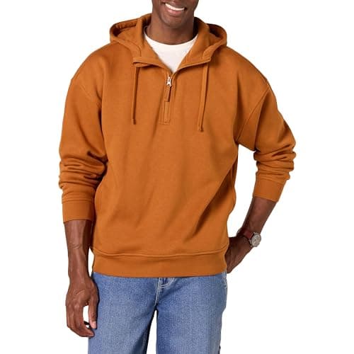 Image of Amazon Essentials Men's Oversized Fit Quarter-Zip Hoodie Sweatshirt, Caramel, L