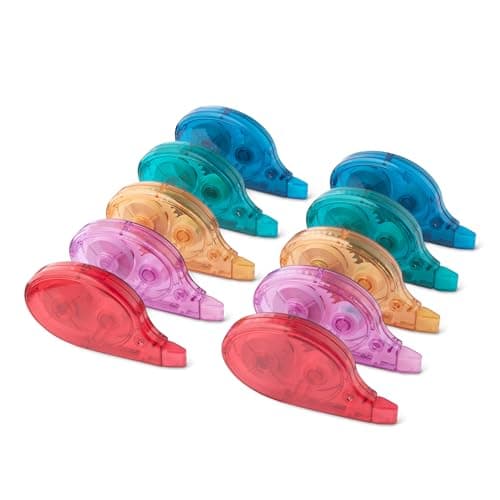 Image of Amazon Basics Correction Tape, Pack of 10, Roller, Pen, Mouse Style, Instant drying, 12m Long, Green, Purple, Orange, Red, Blue