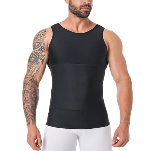 Image of Mens Body Shaper, Compression Shapewear Vest Slimming Undershirt Tank Top, Tummy Control Chest, Hide Gynecomastia (Black, L)