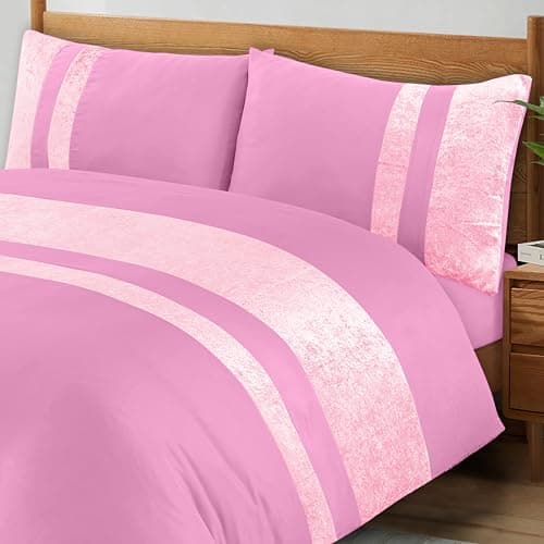 Image of ZZZMRH Luxury Crushed Velvet King Size Duvet Cover Set With 2 Pillow Cases - Pink Color Crush Velvet Panel Band Bedding