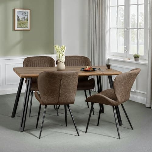 Image of Seconique Quebec Wave Edge Dining Set with 4 Dining Chairs in Medium Oak Effect/Brown Pu