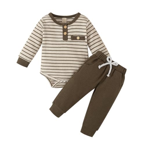 Image of Eqenkely Toddler Baby Boys Ribbed Knitted Stripes Long Sleeve Romper and Pants Sets Fall Splicing Color Outfits Green 6-12 Months