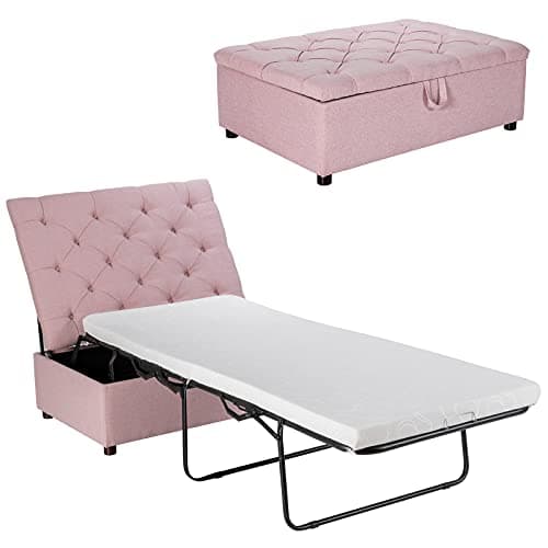 Image of COSTWAY Folding Sofa Bed with Mattress, 2-in-1 Convertible Sofa Ottoman, Space-Saving Button Tufted Couch Sleeper Lounger Footstool for Living Room, Bedroom and Office (Pink)
