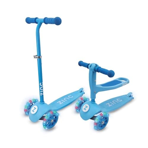 Image of Zinc 3-In-1 Kids Scooter for Ages 1+ - Adjustable 3 Wheeled Scooter with Removeable Seat, Lean ‘n’ Steer, Rear Footbrake & Light Up Wheels – Perfect for Toddlers, Beginners, Boys & Girls, Blue