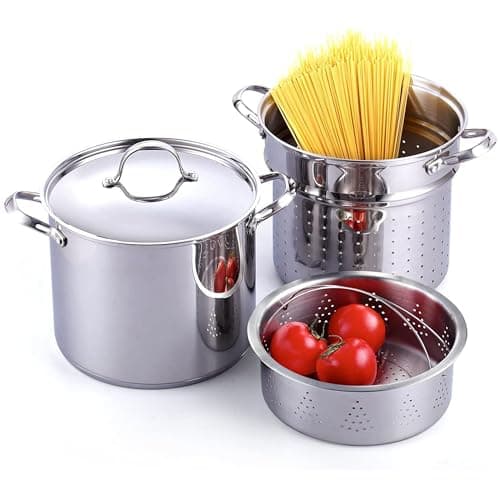 Image of Cooks Standard Pasta Pot 18/10 Stainless Steel 12 Quart, Spaghetti Cooker Steamer Stock Pot Multipots with Strainer Insert, Stainless Steel Lid, 4-Piece Set