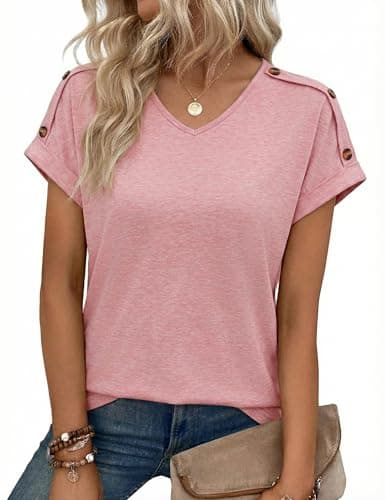 Image of Totatuit Womens Summer Tops Short Sleeve V Neck T-Shirts UK Ladies Basic Plain Top Casual Loose Fit Pullover Tunic Tee for Ladies Pink L