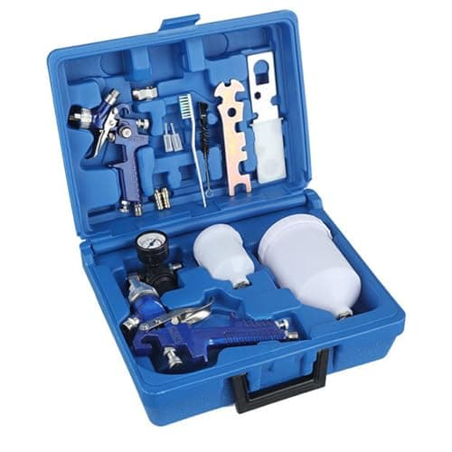 Image of LSLANSOON 2Pcs Set HVLP Air Gravity Spray Gun Kit, 0.8mm & 1.4mm Nozzle Auto Gravity Feed Painting Tool Set with Locking Air Pressure Regulator Gauge, Wrench, Brush, LY-1014