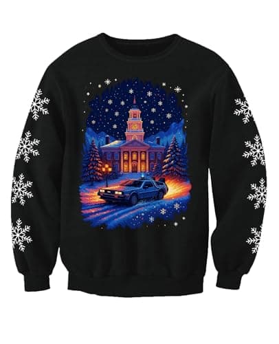 Image of Back To Christmas Sci Fi Car Adults Christmas Jumper Sweatshirt (UK, Alpha, XL, Regular, Regular) Black