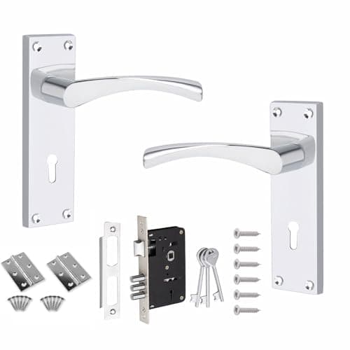 Image of Golden Grace Victorian Scroll Astrid Door Handles in Polished Chrome Lever Lock with 3 Lever Lock Set with 1 Pair of 3" Standard Butt Hinges