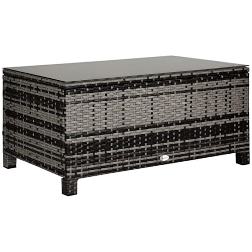 Image of Outsunny PE Rattan Coffee Table, Rectangular Outdoor Coffee Table with Tempered Glass Top, 70 KG Capacity for Garden, Balcony, Terrace, Patio, Mixed Grey