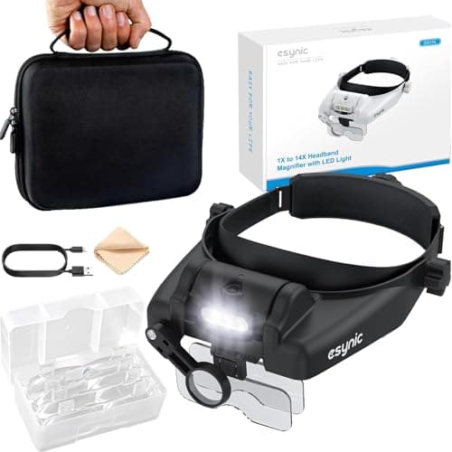Image of eSynic Headband Magnifier 1X to 14X Head Magnifying Glass With Adjustable LED Light Rechargeable Head Mount Magnifying Glasses With 5 Detachable Lenses, Carry Bag for Hobbies, Crafts, Reading etc